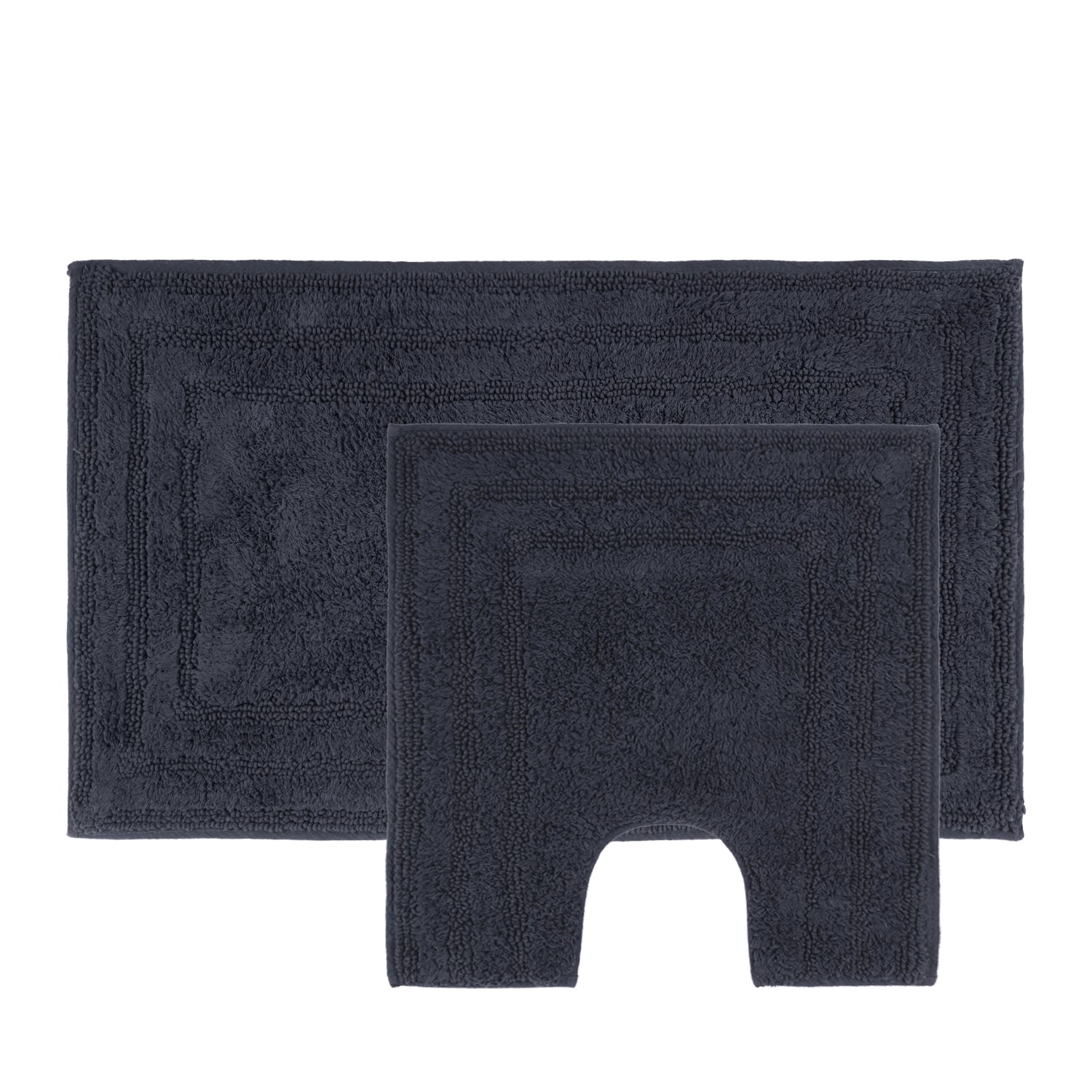 Charcoal two-piece bath mat and contour mat set with a soft textured pile and bordered design.