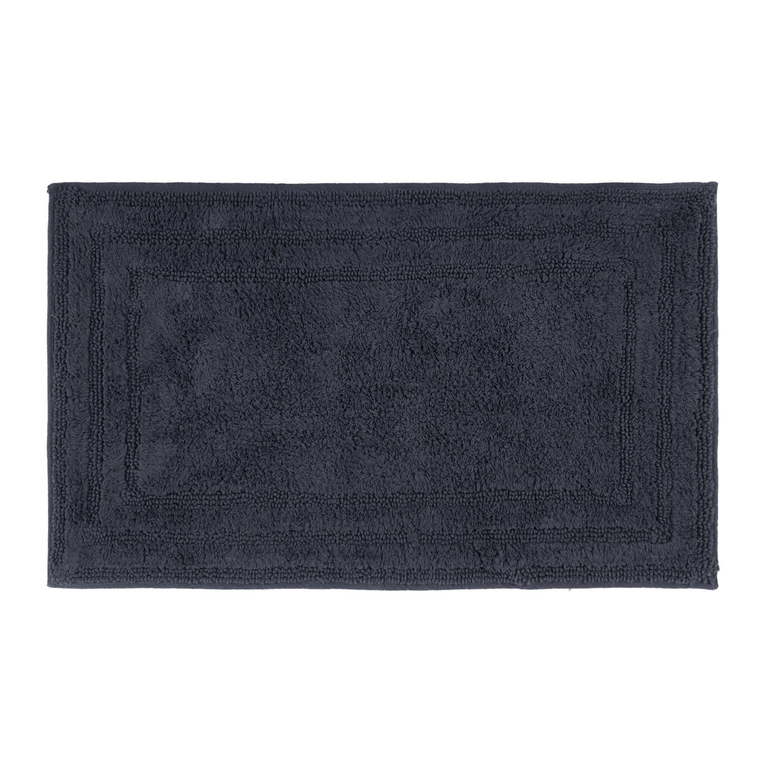 Charcoal rectangular bath mat with a plush textured surface and layered border detailing.