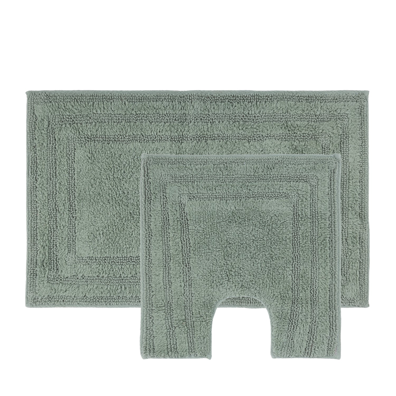 Green two-piece bath mat and contour mat set with a soft textured pile and bordered design.