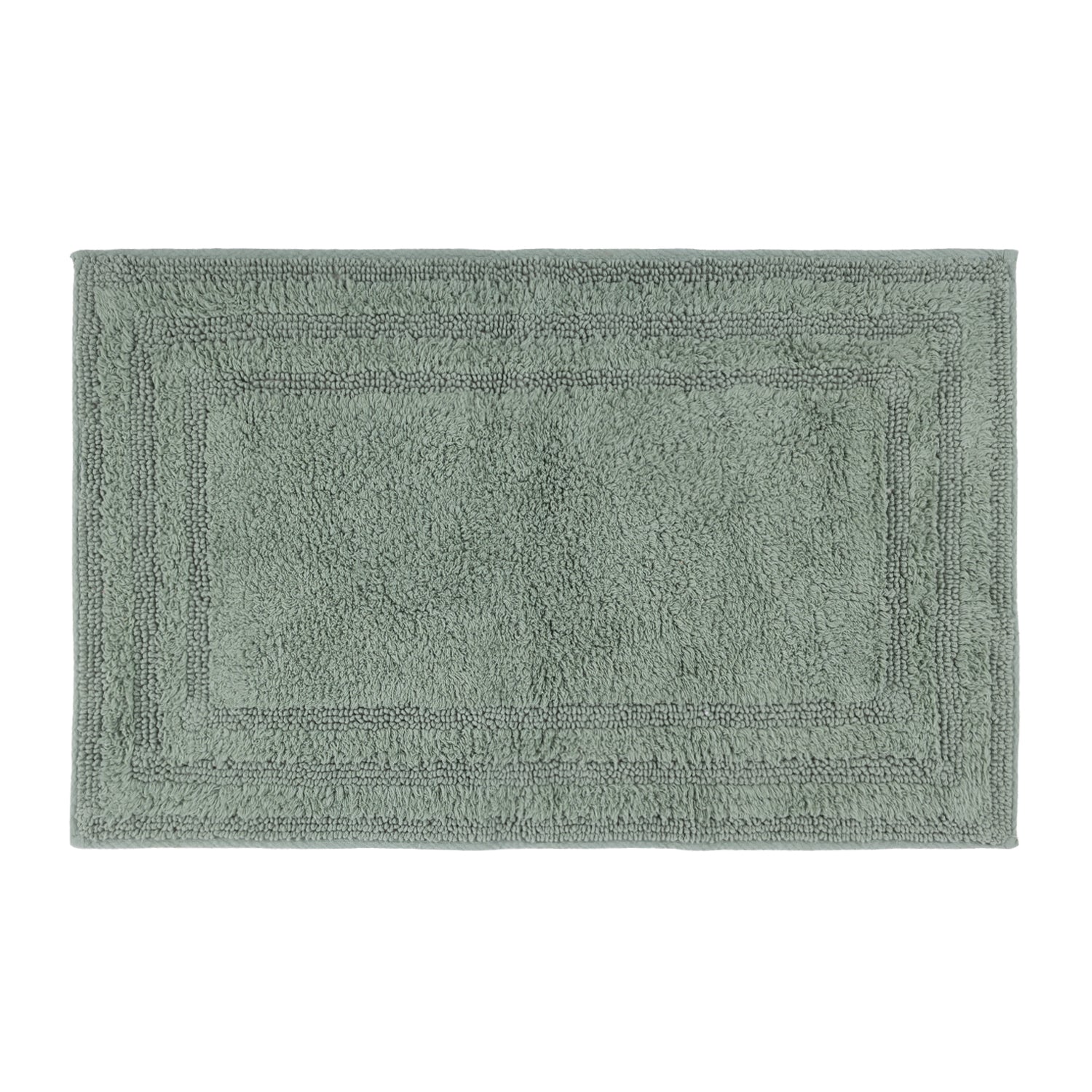 Green rectangular bath mat with a plush textured surface and layered border detailing.