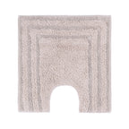 Taupe contour toilet mat with a soft textured pile, bordered design and U-shaped cut-out.