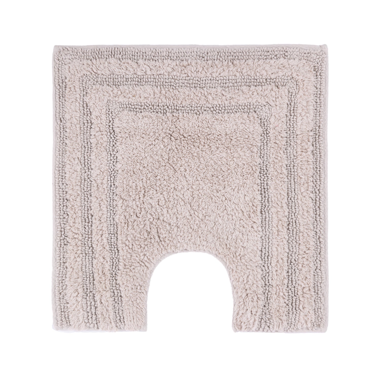 Taupe contour toilet mat with a soft textured pile, bordered design and U-shaped cut-out.