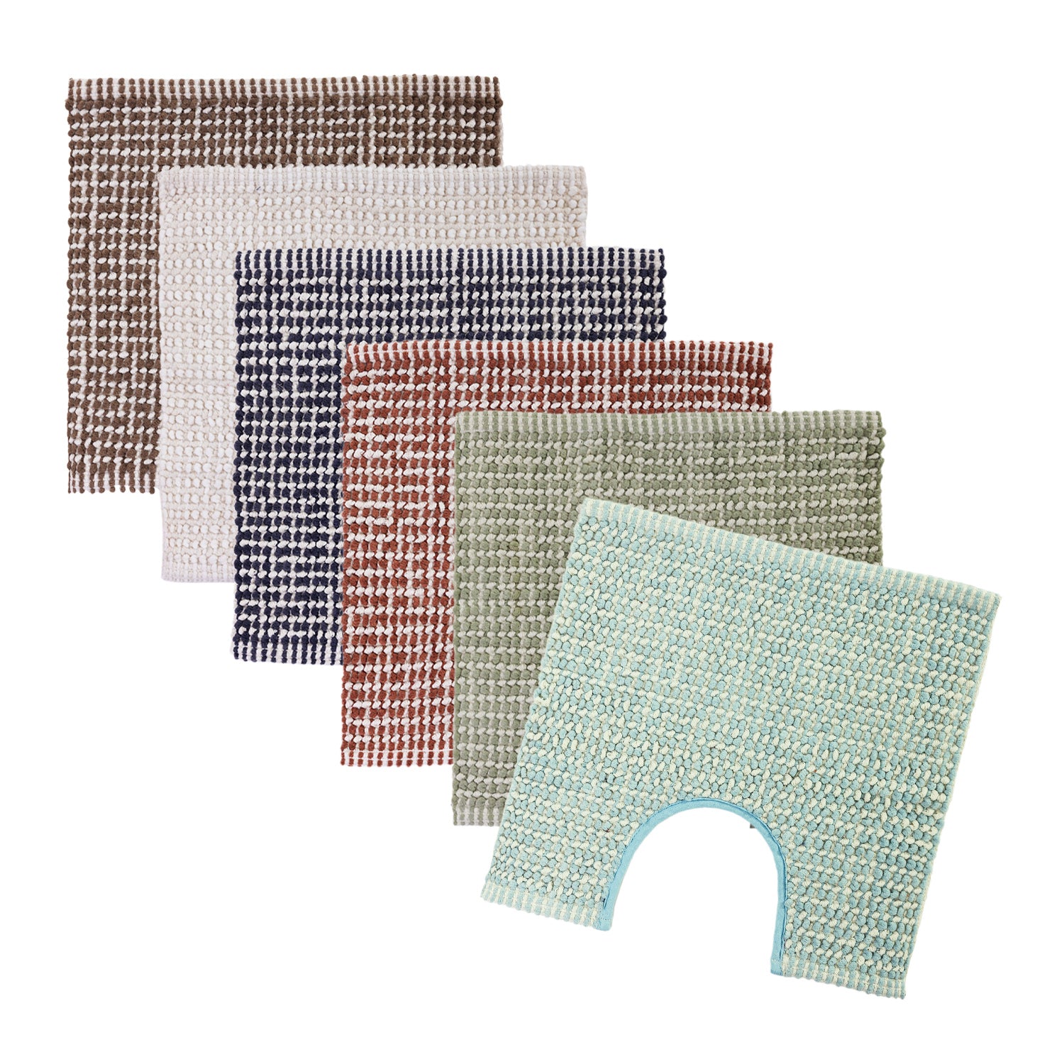 Home Co. Amelie Popcorn Bathmats and matching Contours in Mocha, Ivory, Smoke, Clay, French Pear and Sky Blue arranged in a layered stack on a white background.