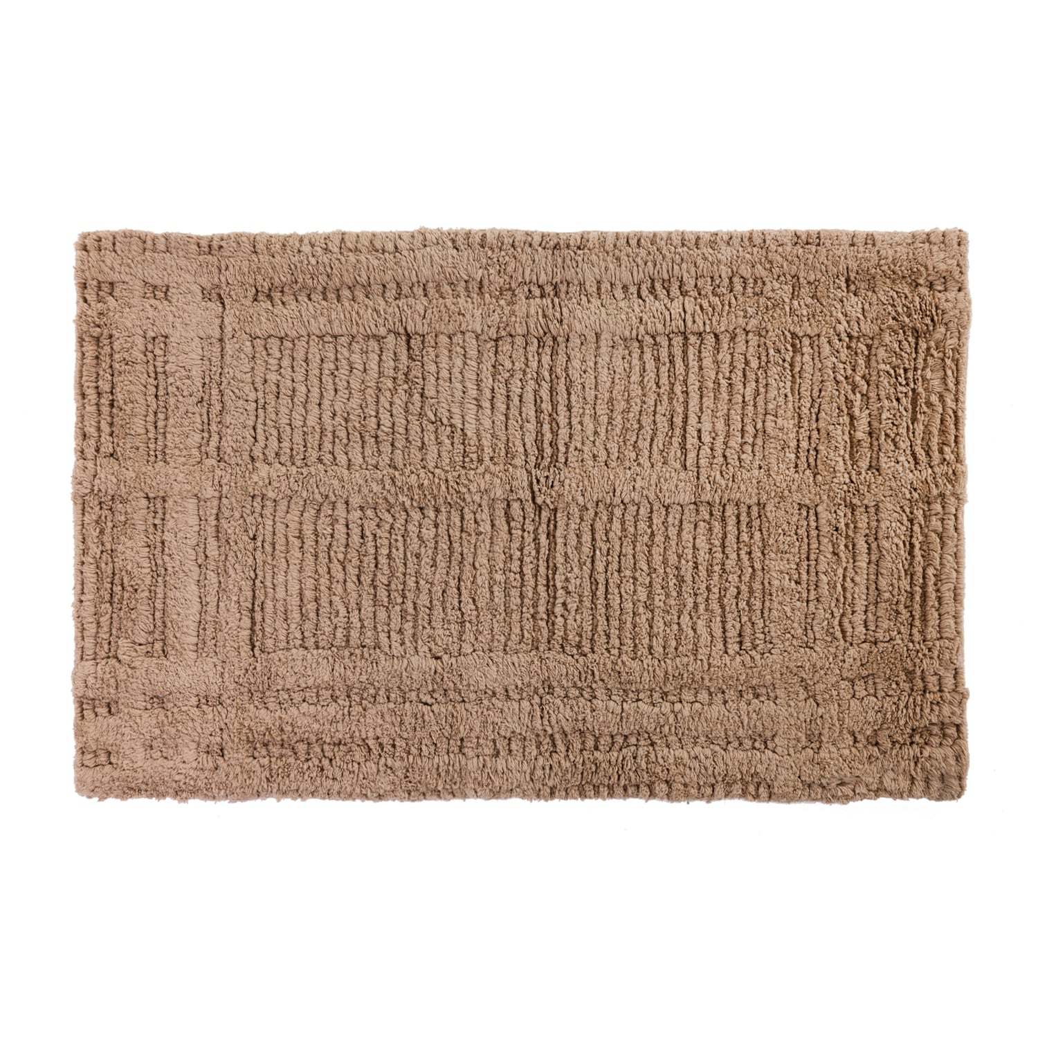 Beige Fieldcrest Jenna Self Check tufted bath mat with a textured geometric pattern on a white background.