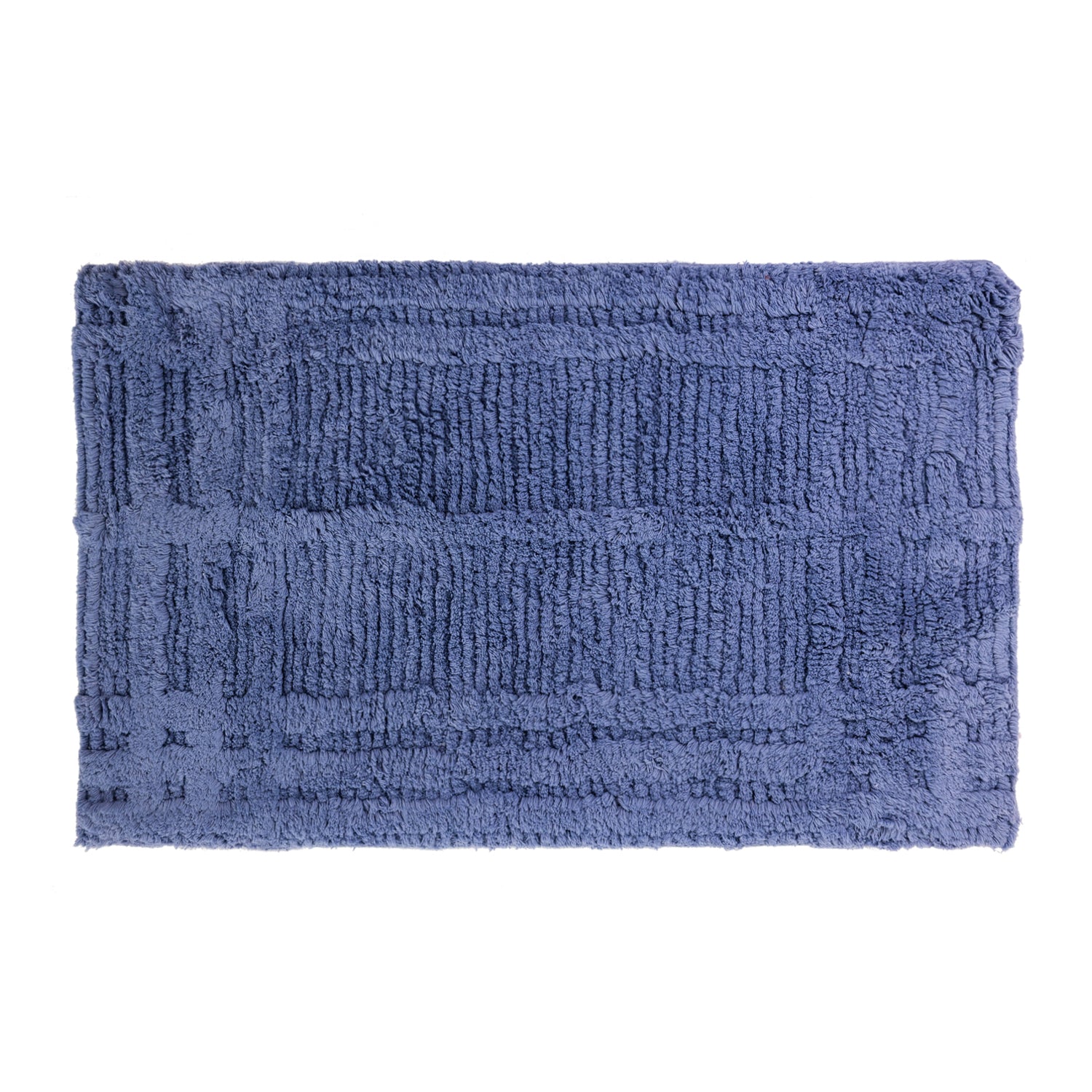 Blue Smoke Fieldcrest Jenna Self Check tufted bath mat with a textured geometric pattern on a white background.