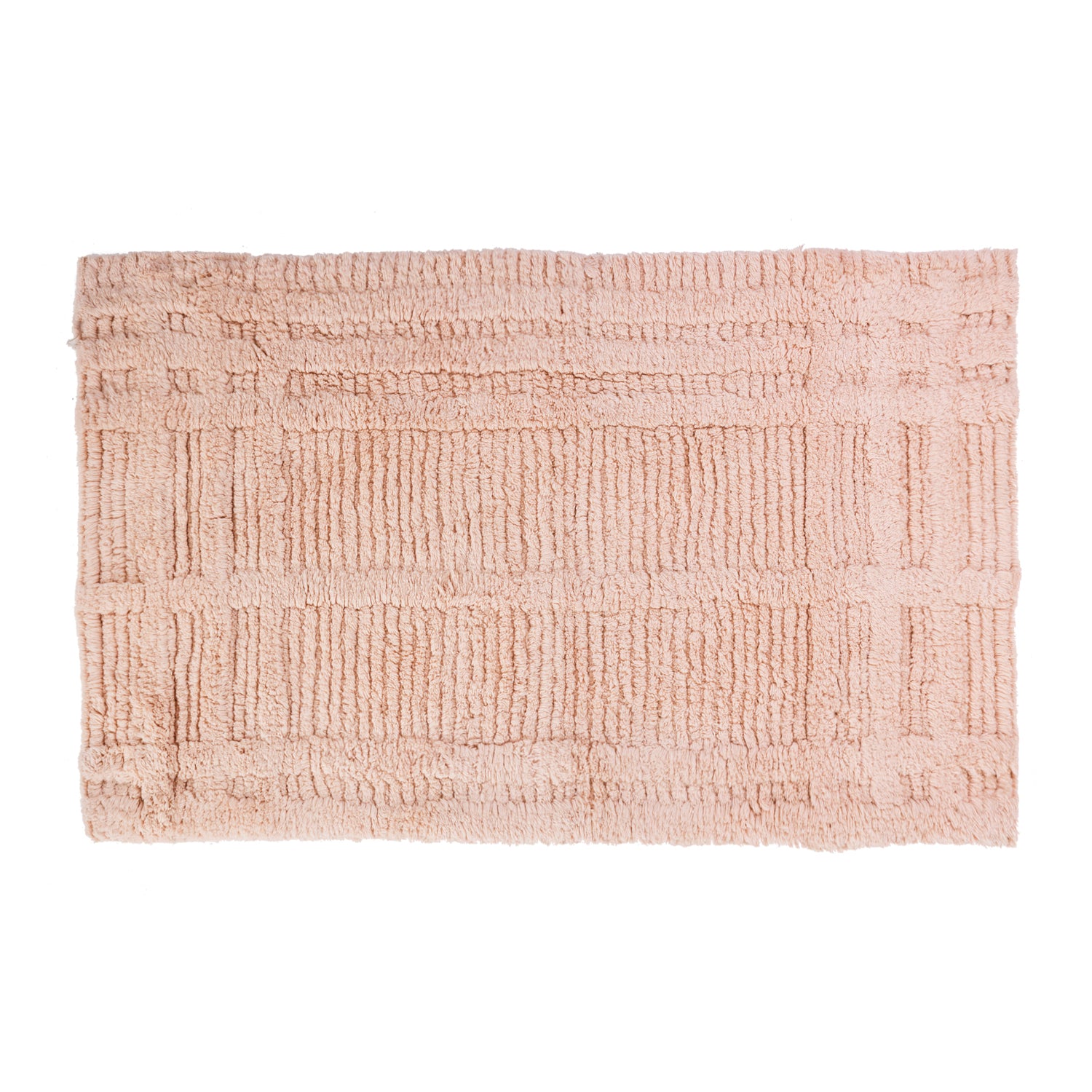 Blush Fieldcrest Jenna Self Check tufted bath mat with a textured geometric pattern on a white background.