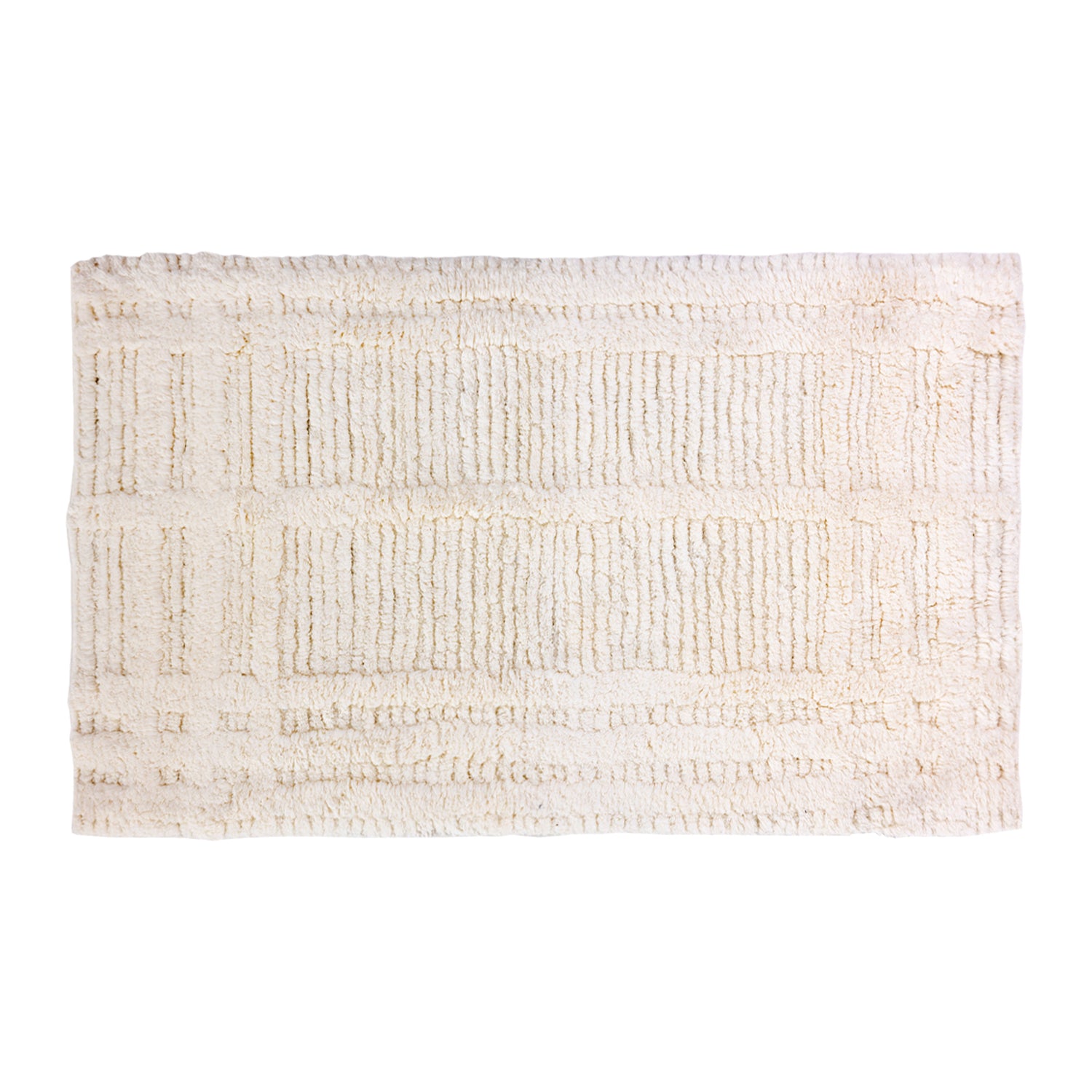 ivory Fieldcrest Jenna Self Check tufted bath mat with a textured geometric pattern on a white background.