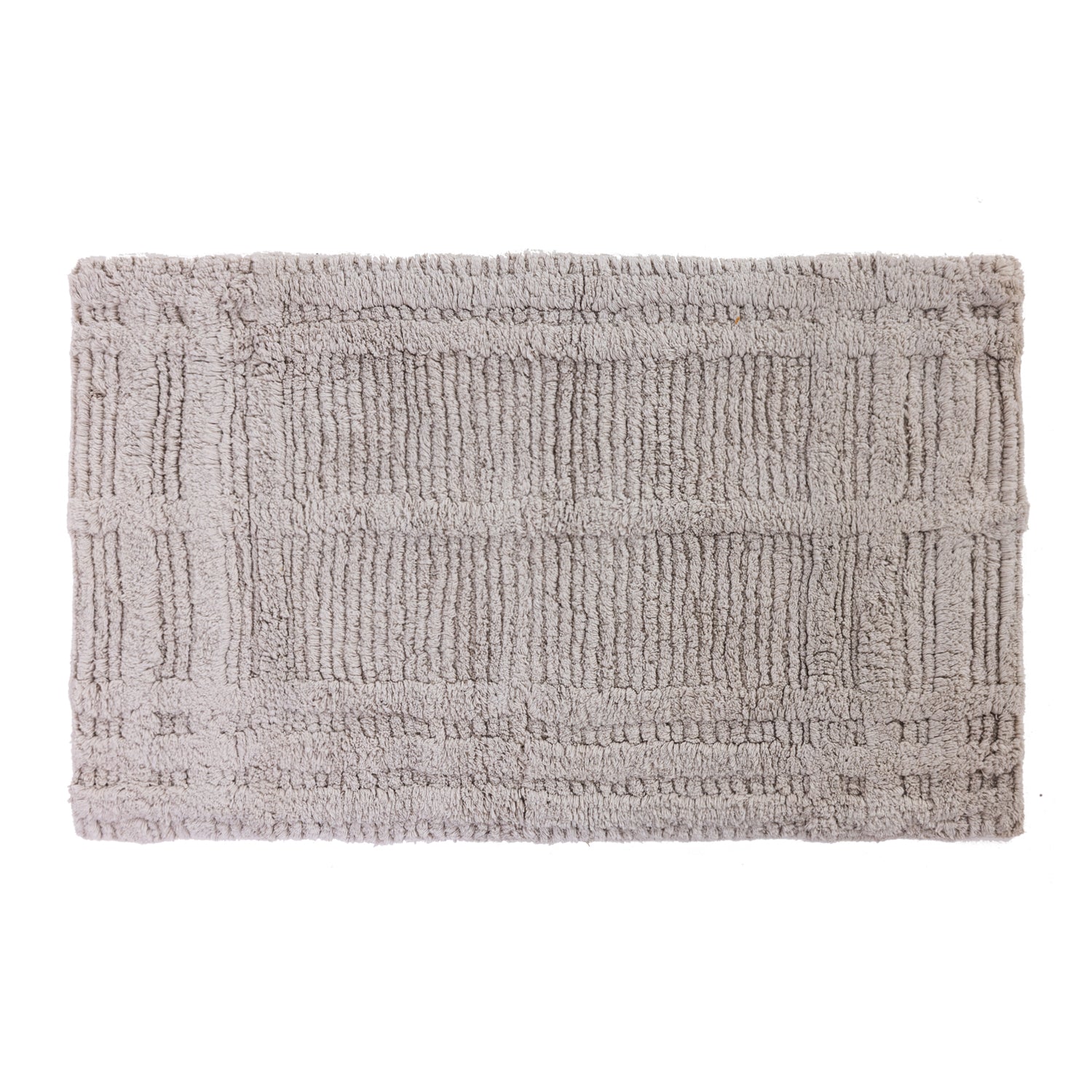 Silver Fieldcrest Jenna Self Check tufted bath mat with a textured geometric pattern on a white background.