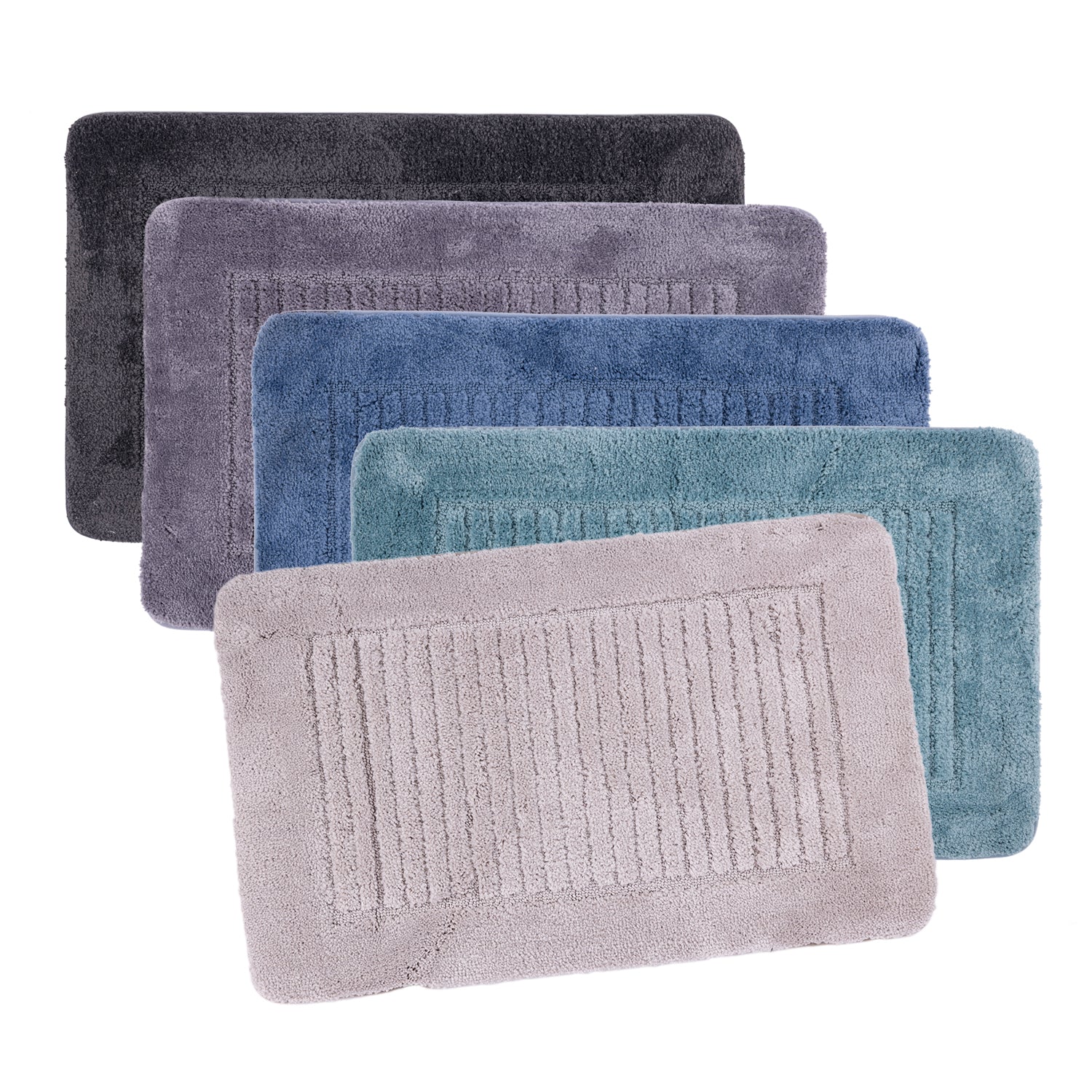 Design Republique Gemma Memory Foam Bathmats displayed together in a range of colours, each featuring a soft textured surface with a subtle bordered design.