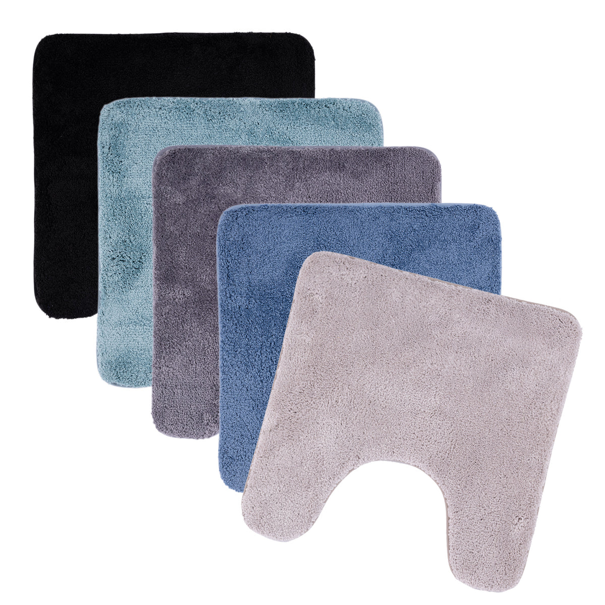 Design Republique Gemma Memory Foam Contour Mats displayed together in a range of colours, featuring a soft plush surface and shaped design to fit around the base of a toilet.
