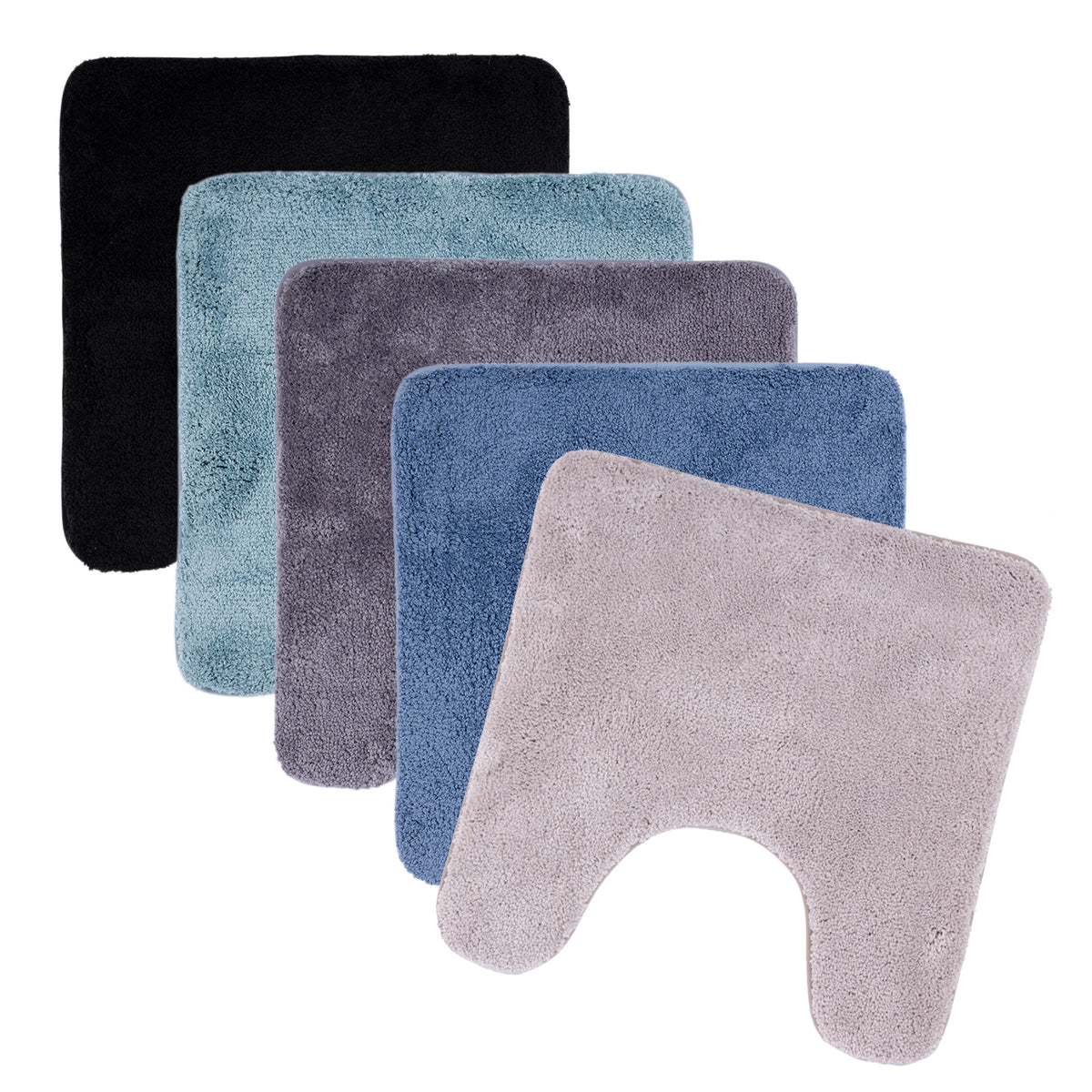 Design Republique Gemma Memory Foam Contour Mats displayed together in a range of colours, featuring a soft plush surface and shaped design to fit around the base of a toilet.