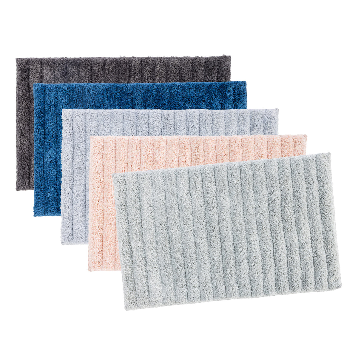 Home Co. Boston Plush Bathmats in Charcoal, Teal, Silver, Dusty Pink and Sea Mist displayed together.
