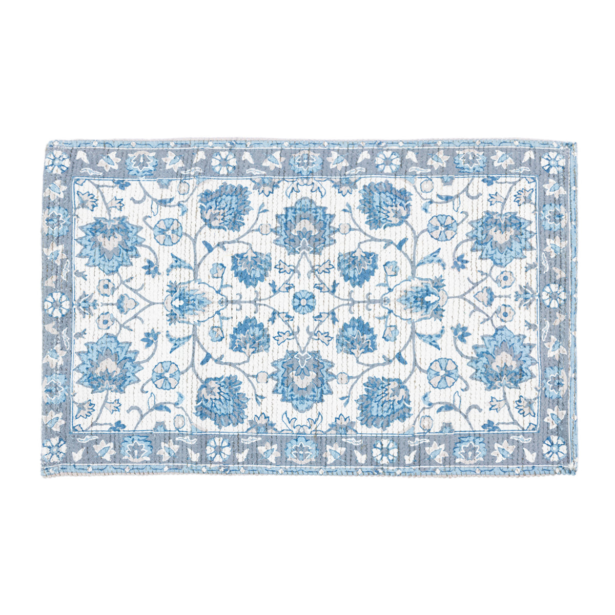 Design Republique Venica Chenille Bathmat in Denim, featuring an intricate floral design in blue, grey and white tones.