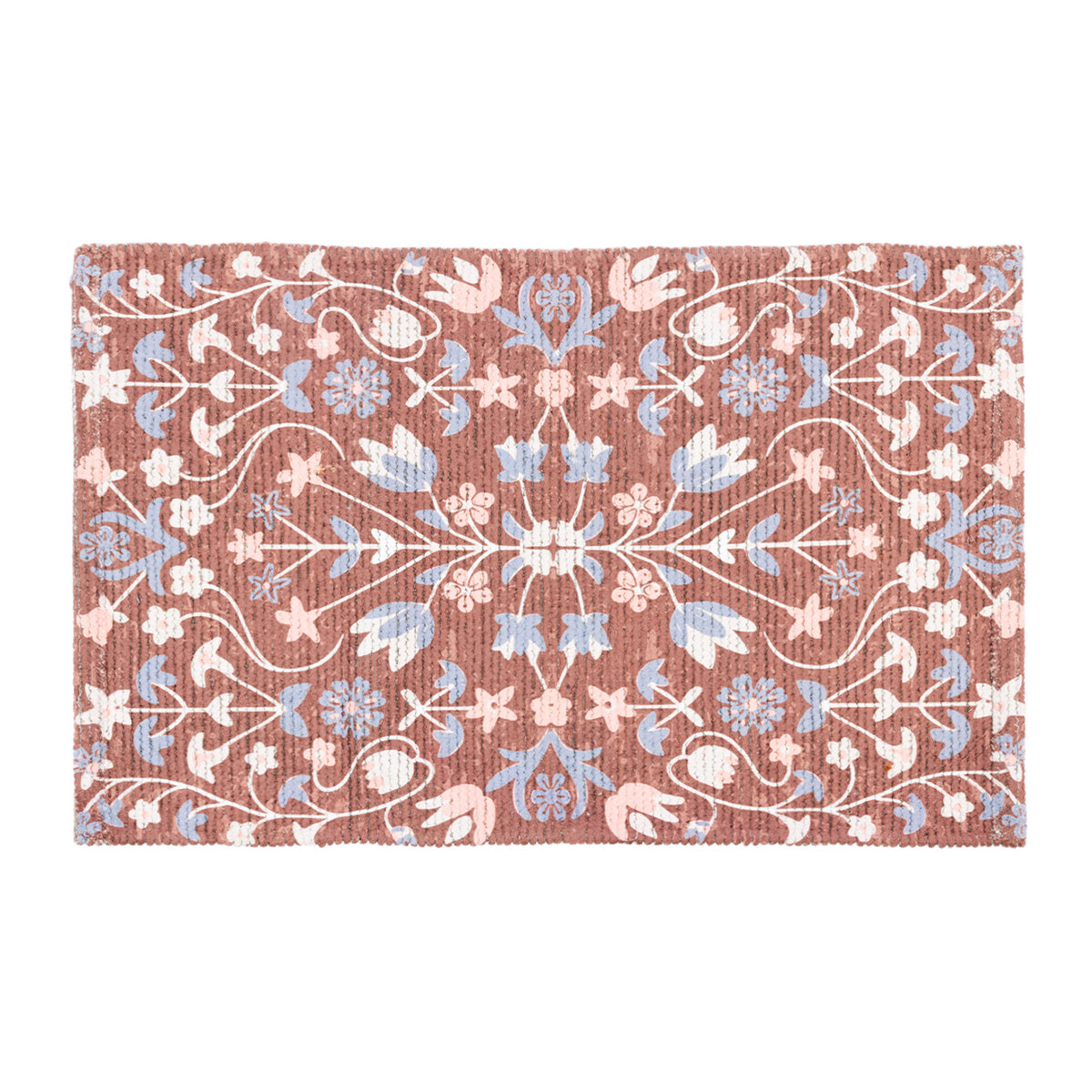 Design Republique Venica Chenille Bathmat in Clay, featuring an intricate floral design in soft blue, blush and white tones.