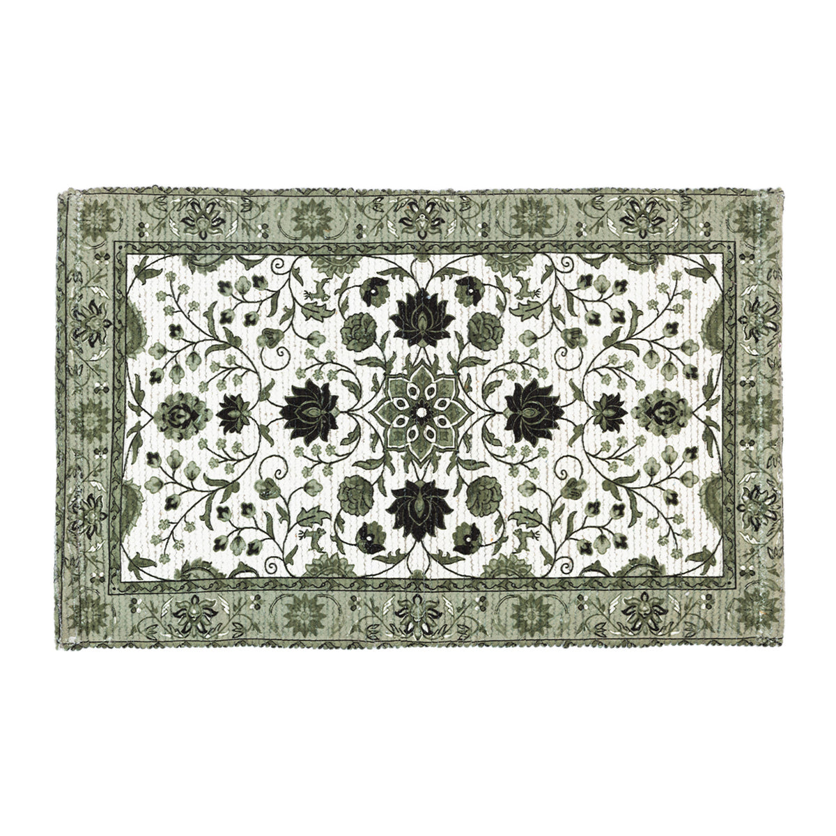 Design Republique Venica Chenille Bathmat in Green, featuring an intricate floral design in green, black and white with a decorative patterned border.