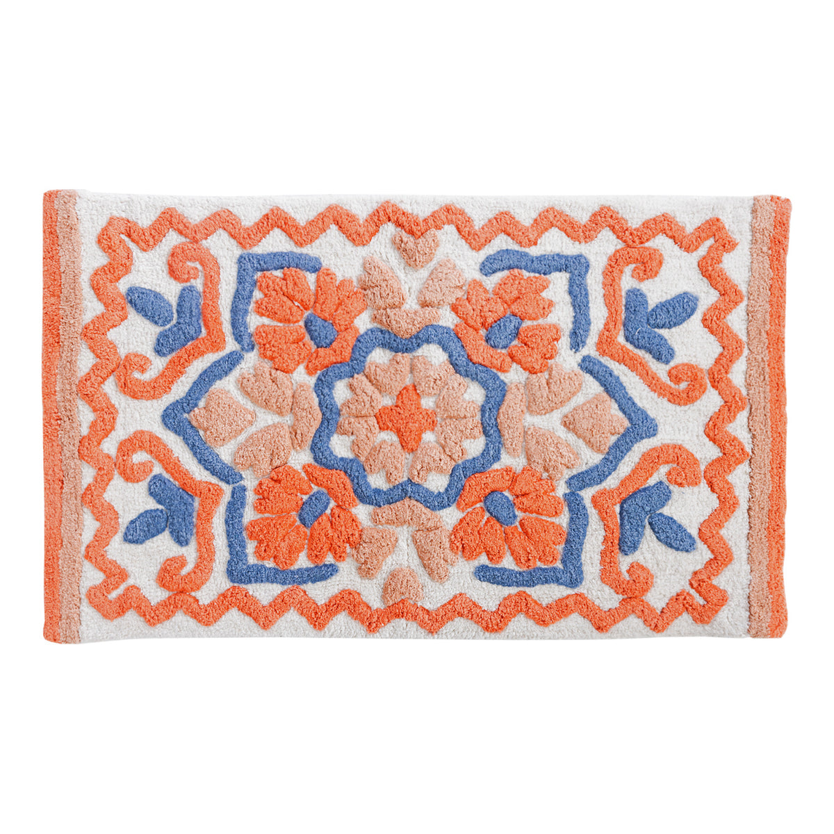 White floral bathmat featuring a decorative clay orange, peach and blue tufted pattern with a coordinating border.