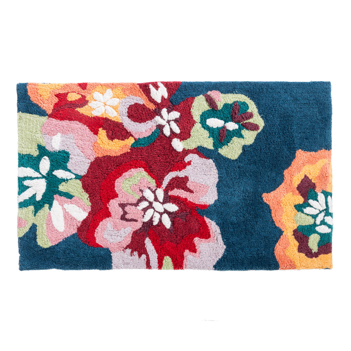 Teal bathmat featuring a bold multicoloured floral design in red, pink, orange, green and white.