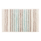 Cream bathmat featuring textured chenille stripes in soft aqua, taupe and natural tones.