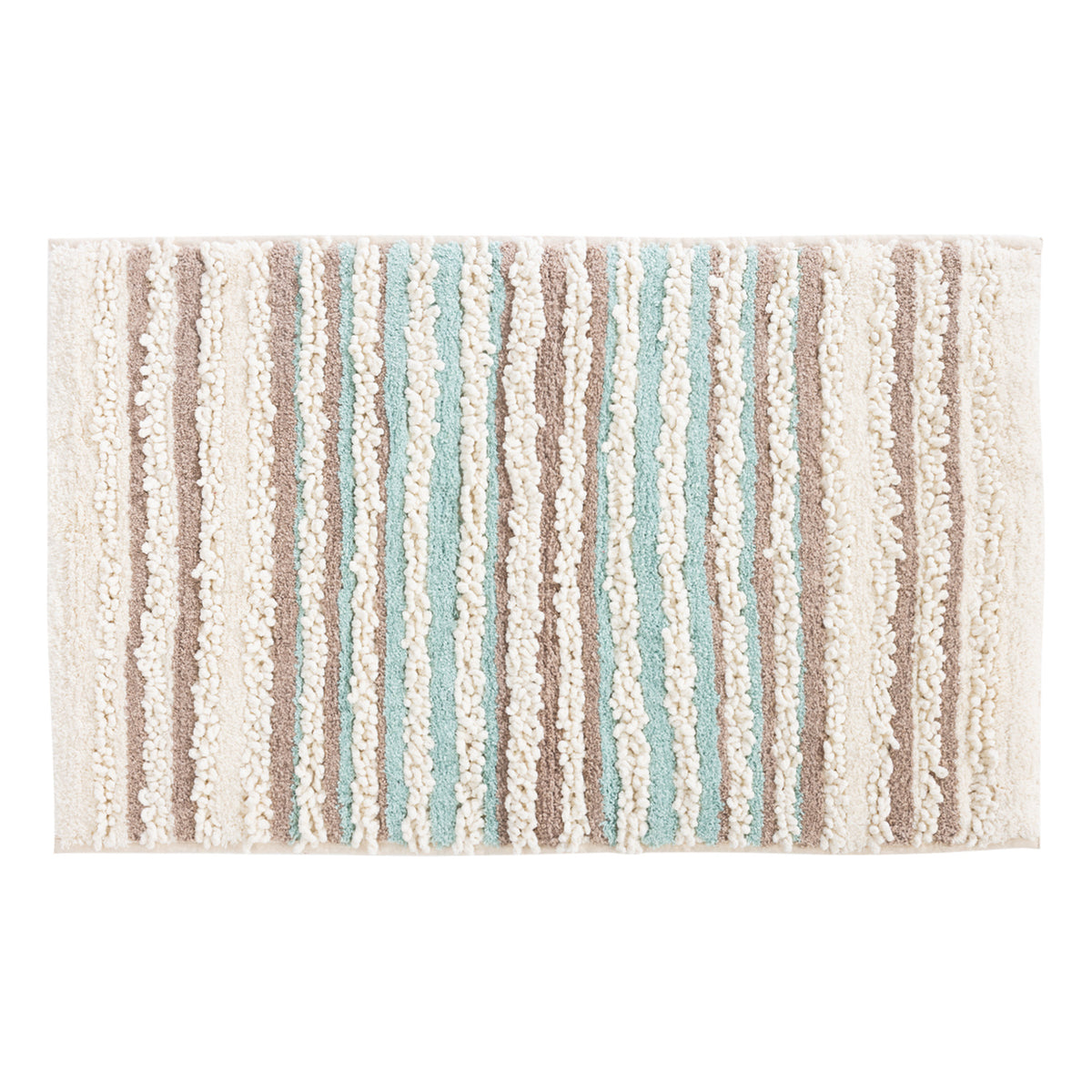 Cream bathmat featuring textured chenille stripes in soft aqua, taupe and natural tones.