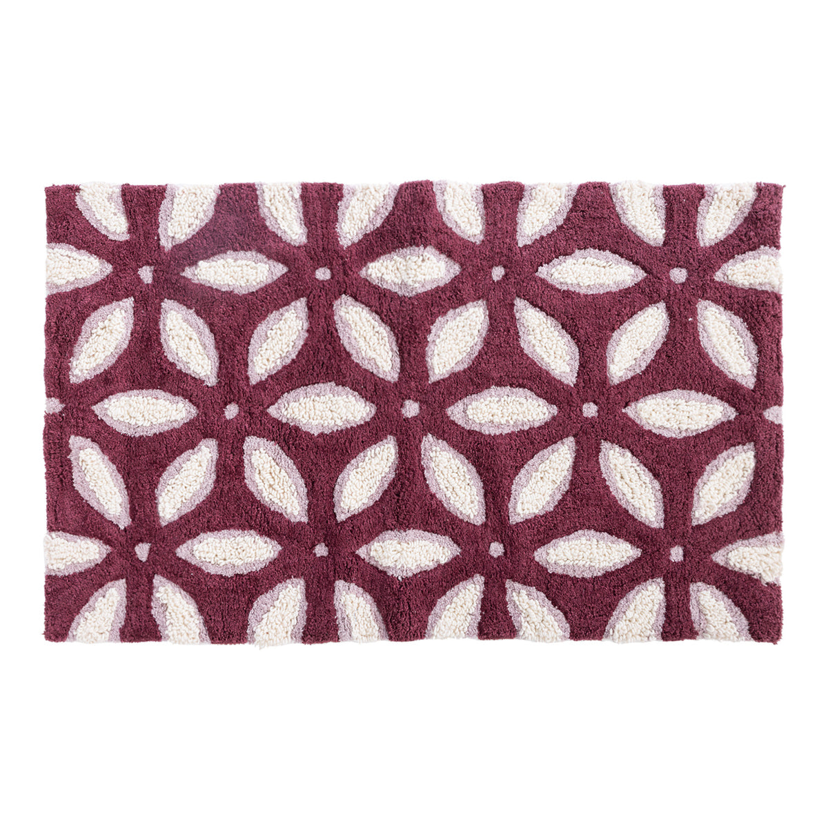 Chocolate bathmat featuring a repeating geometric floral pattern in cream and soft mauve tones.