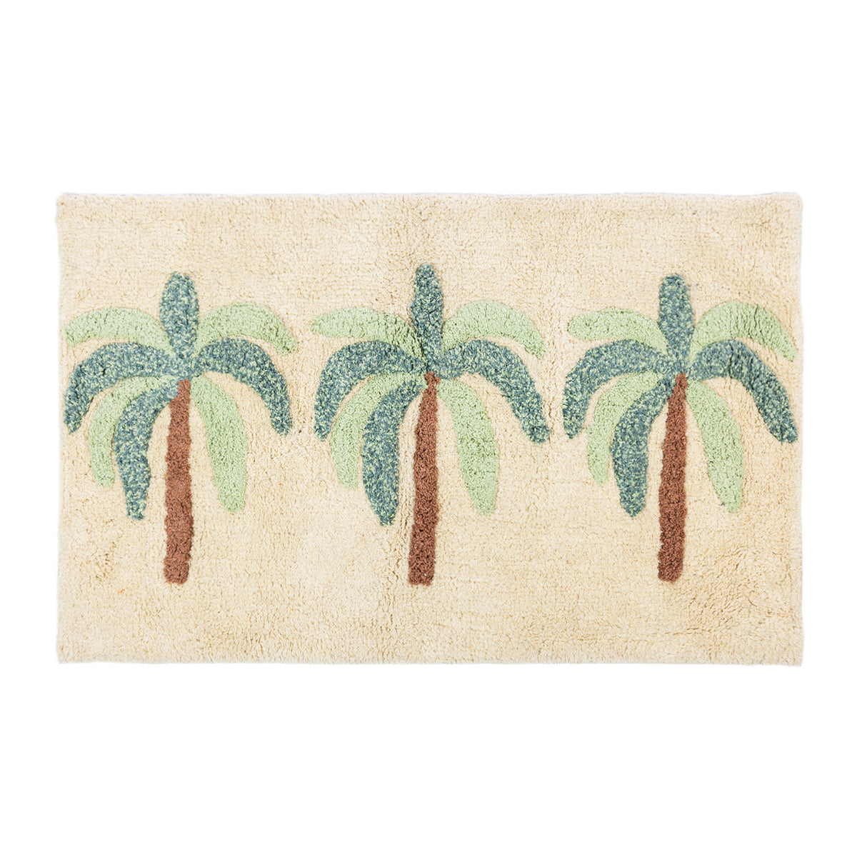 An ivory bathmat featuring three tufted palm trees with brown trunks and green leaves against a plain white background.