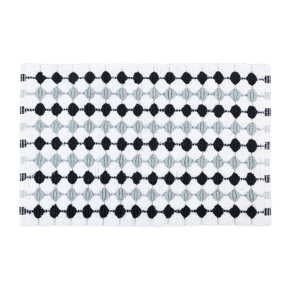 A white textured bobble bathmat featuring alternating rows of ebony black and light grey diamond patterns against a plain white background.