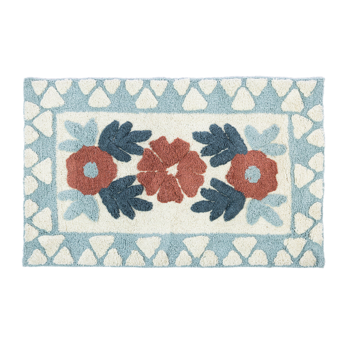 A multicoloured floral bathmat featuring rust-coloured flowers, blue and green leaves, and a decorative blue border against a cream background.
