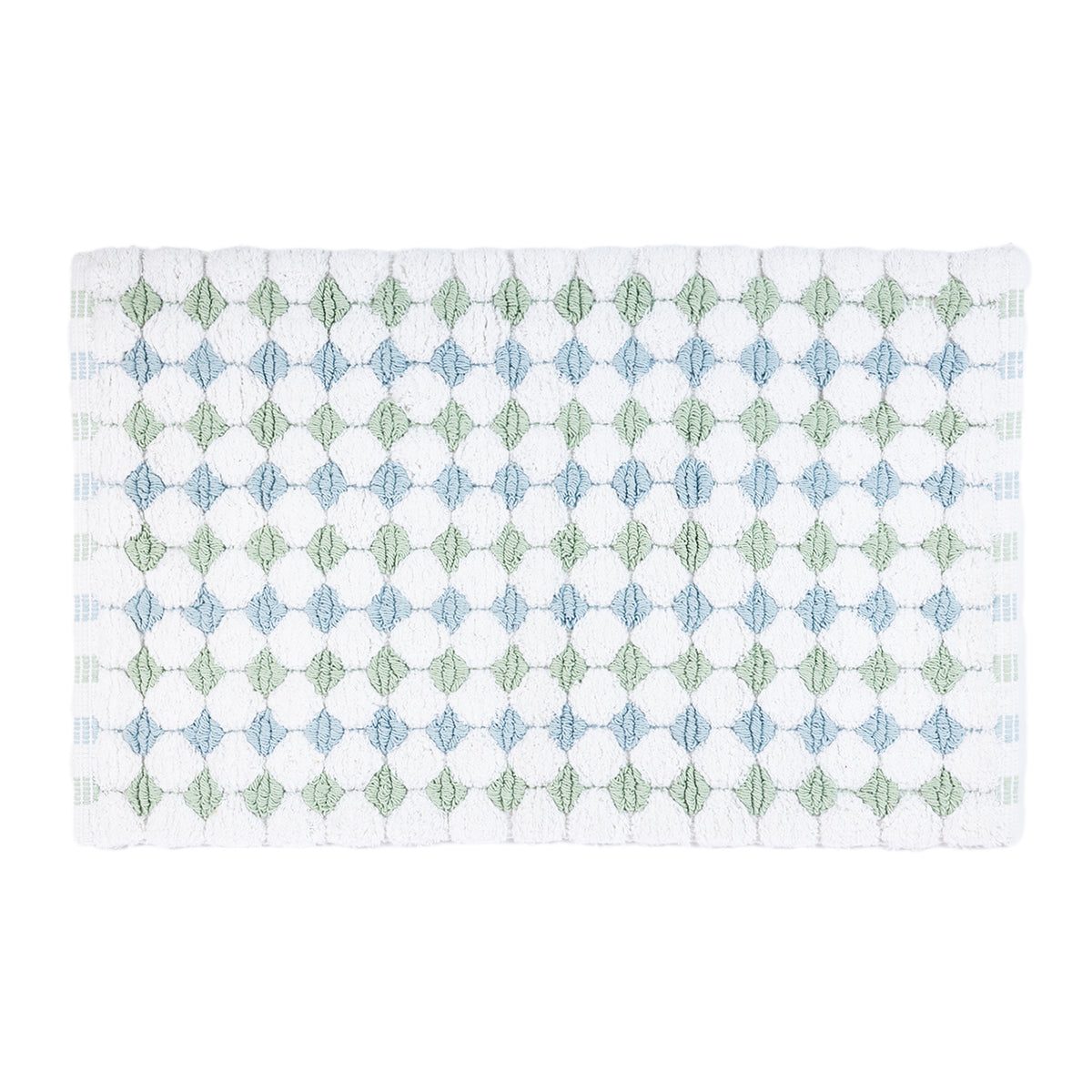 A white textured bobble bathmat featuring alternating rows of sea mist green and light blue diamond patterns against a plain white background.