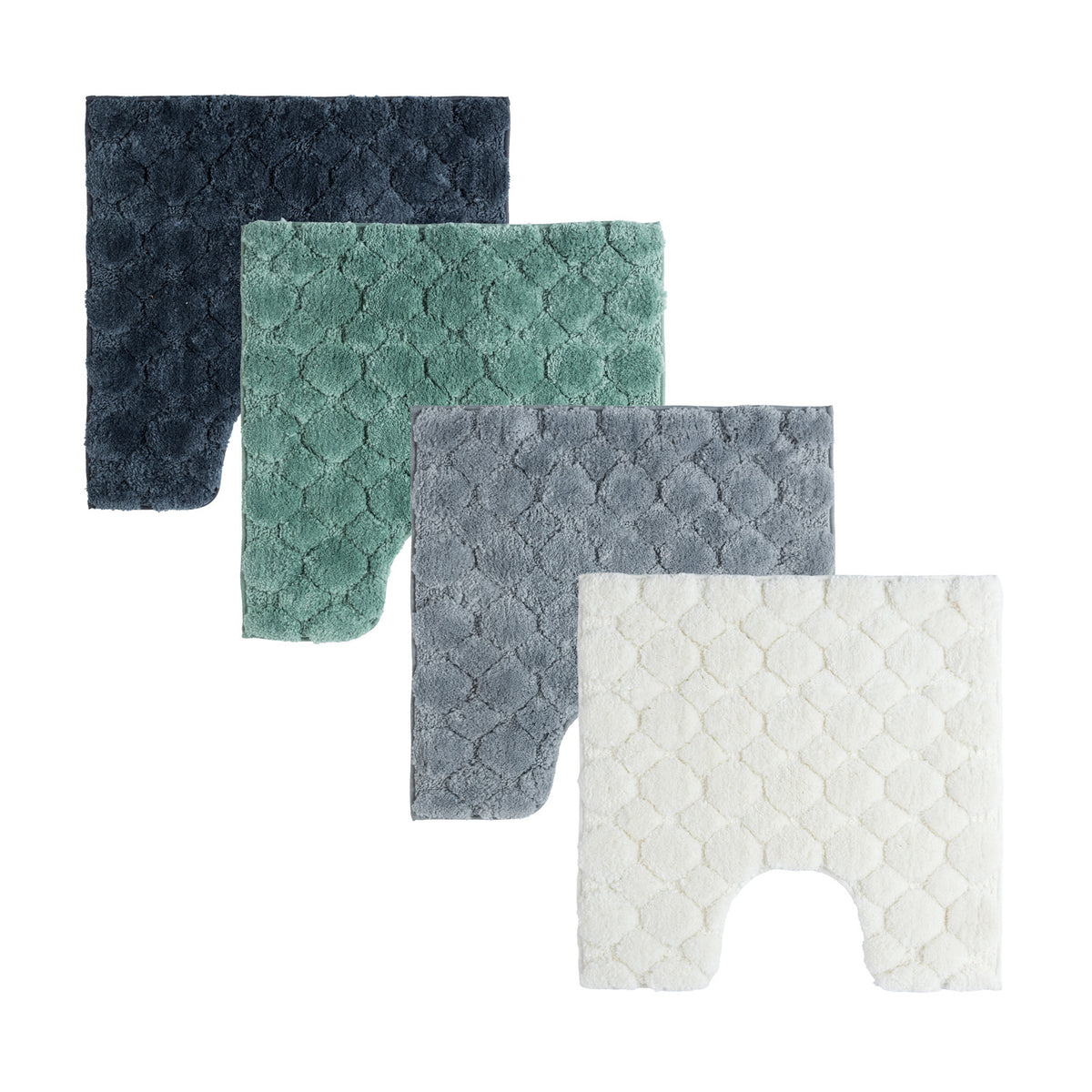 Solace Pebble Contour Mat range displayed in Ebony, Eucalyptus, Grey and Cream, each featuring a plush pebble-inspired texture and U-shaped cut-out.
