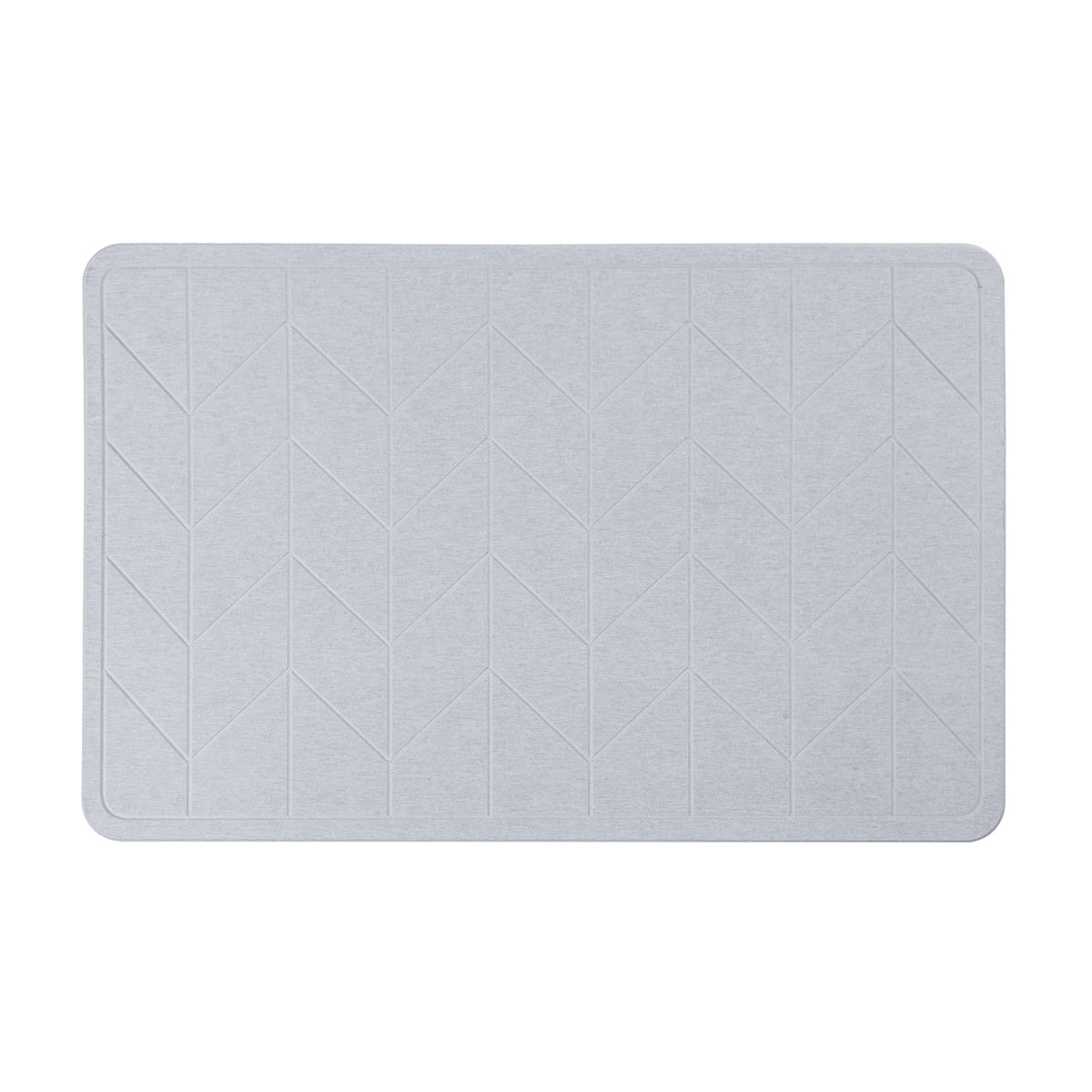 Algodon Dri Stone Bath Mat Light Grey with an embossed geometric chevron design and rounded corners.