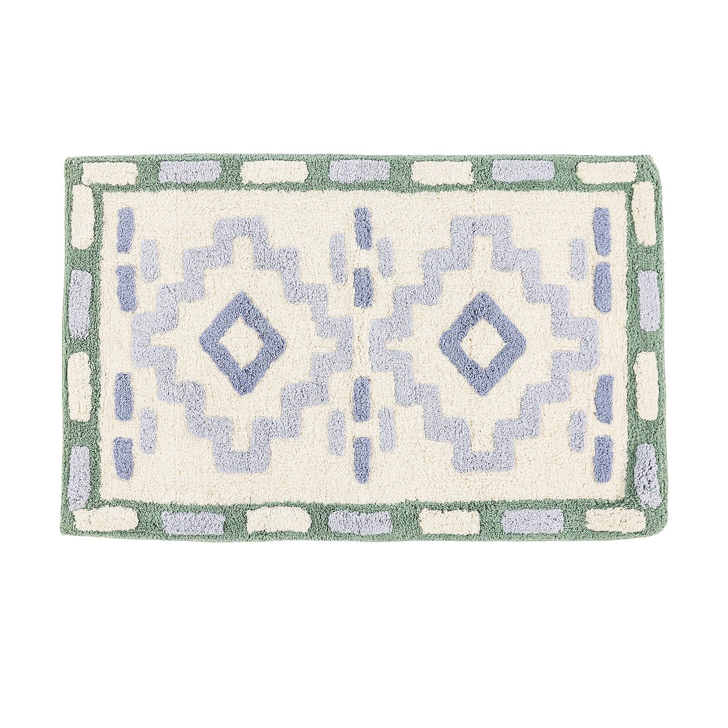 Bathmat featuring an Geometric-inspired tufted pattern in soft green, blue, and cream tones on a clean white background.