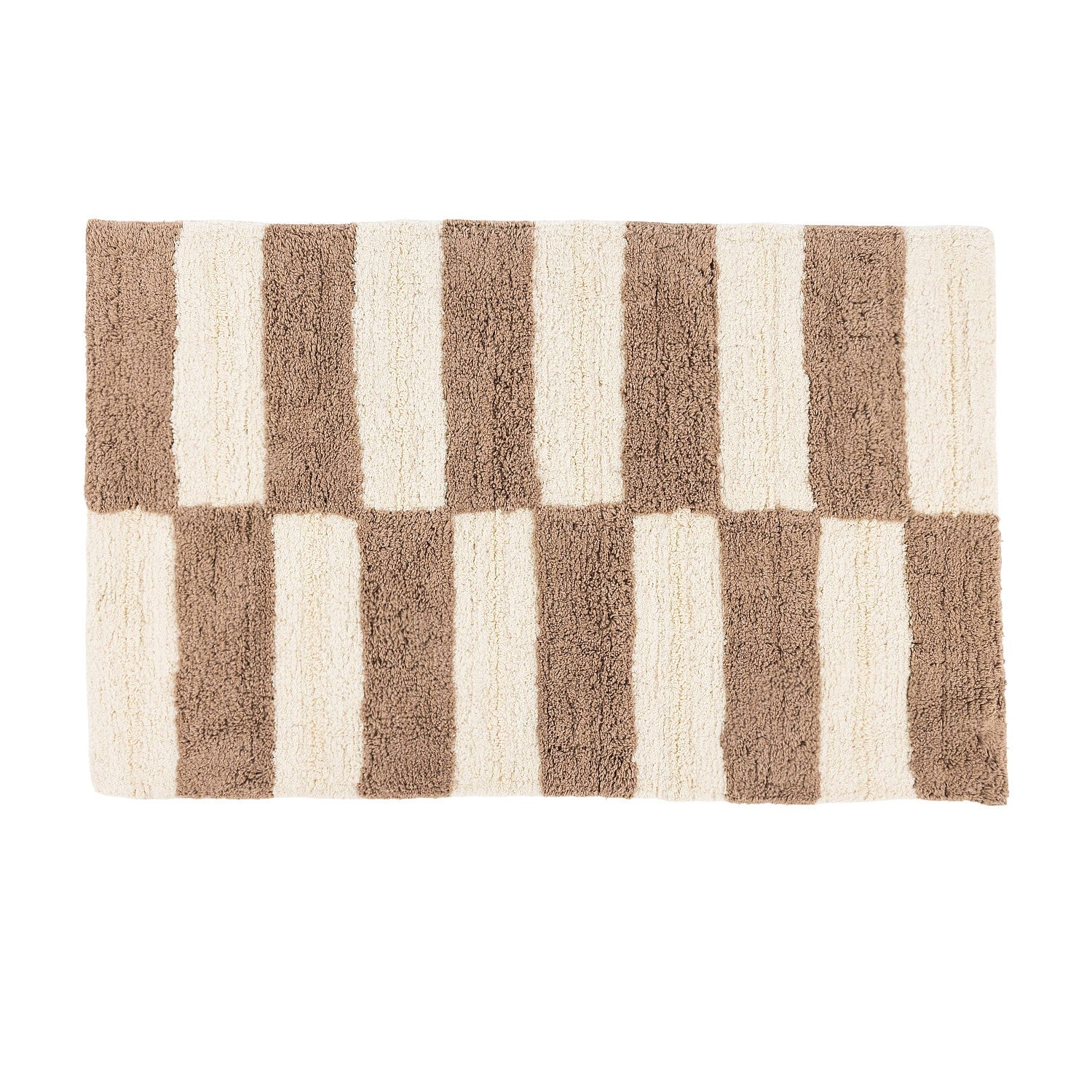 Bathmat featuring a bold striped tufted design in warm taupe and cream tones on a clean white background.