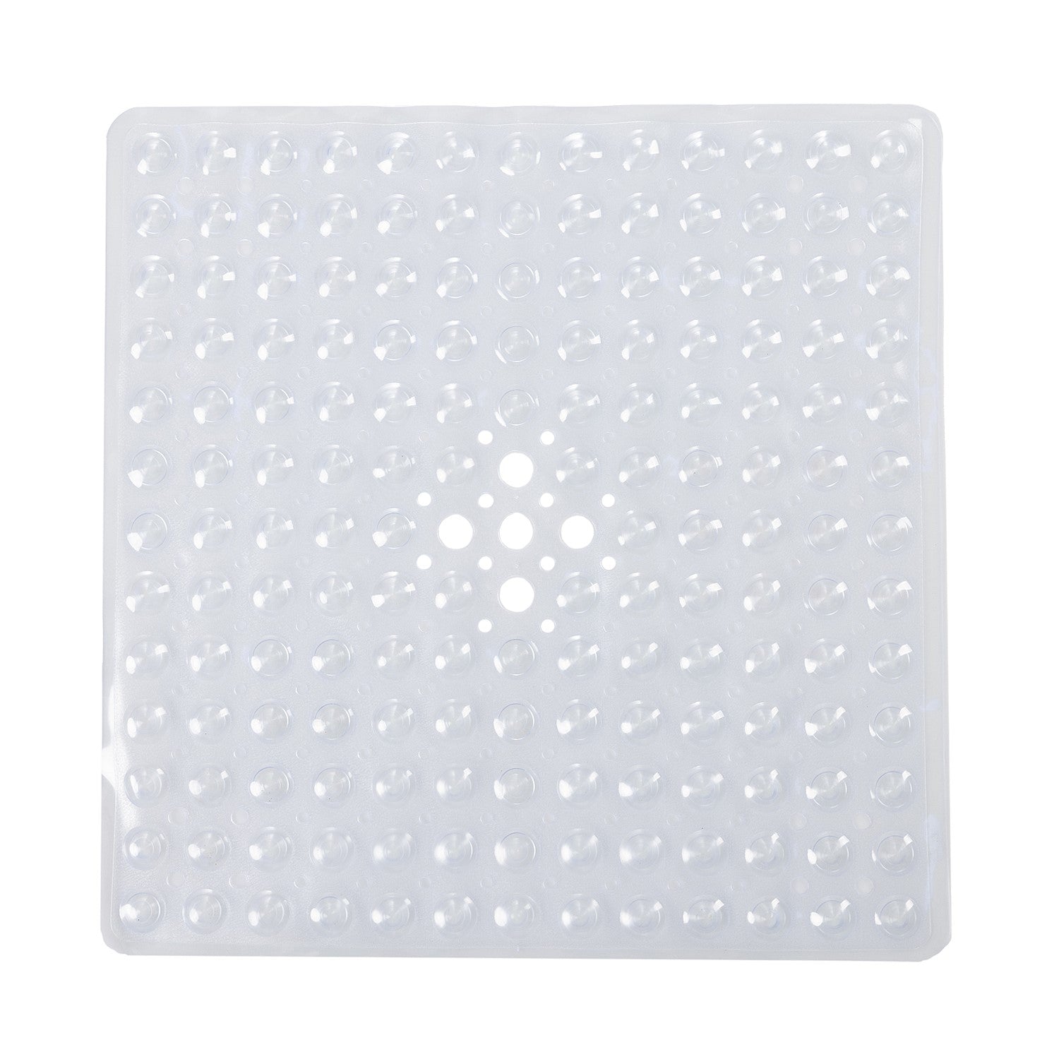 Clear non-slip shower mat featuring raised suction cups and drainage holes on a clean white background.