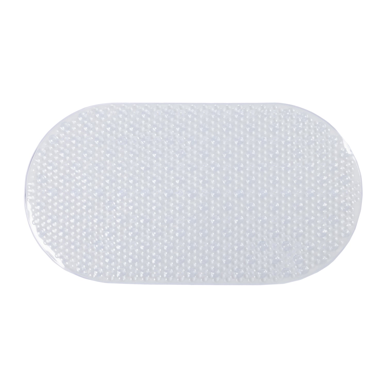 Clear oval shower mat featuring a non-slip textured surface with suction cups on a clean white background.