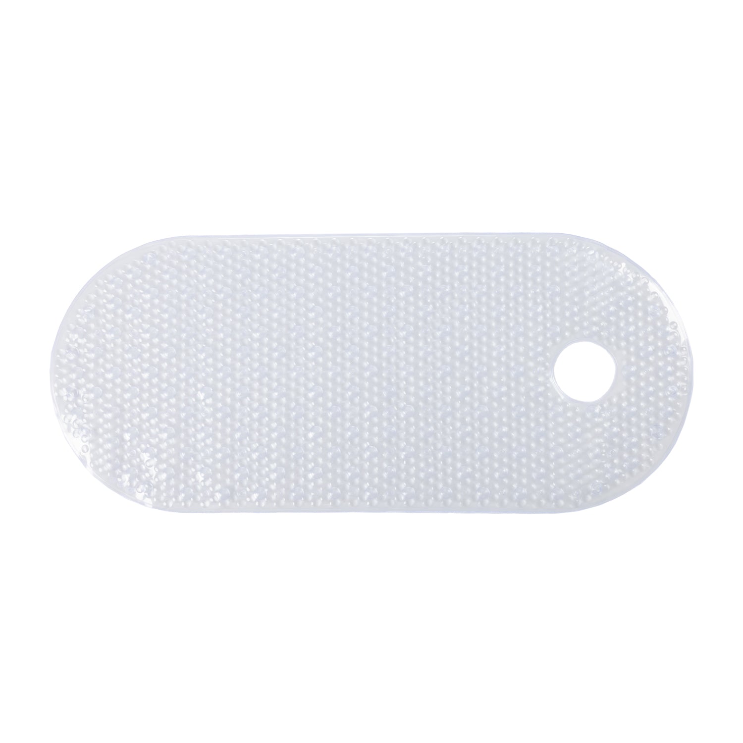 Clear oval shower mat featuring a non-slip textured surface with suction cups and drainage hole on a clean white background.