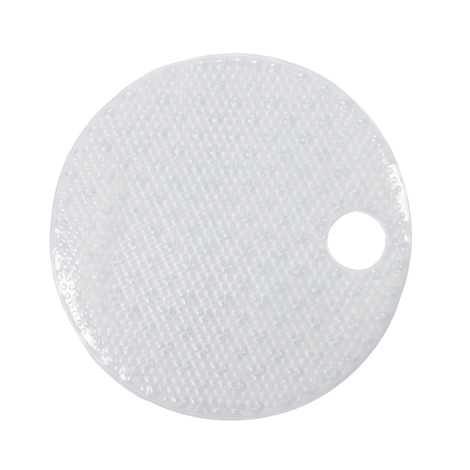 Clear round shower mat featuring a non-slip textured surface with suction cups and drainage hole on a clean white background.