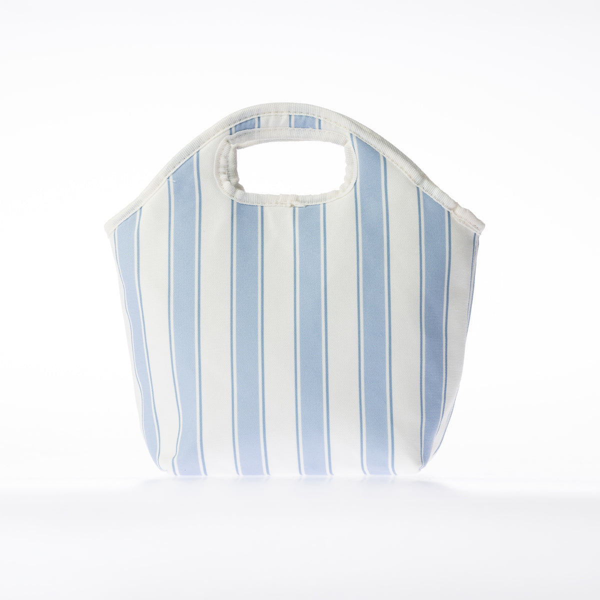 A striped print lunch bag with a top handle, shown on a clean white background.