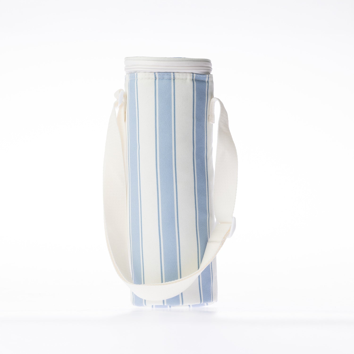 A stripe print bottle bag with a white strap stands against a white background.