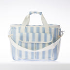 A striped print cooler bag on a white background.