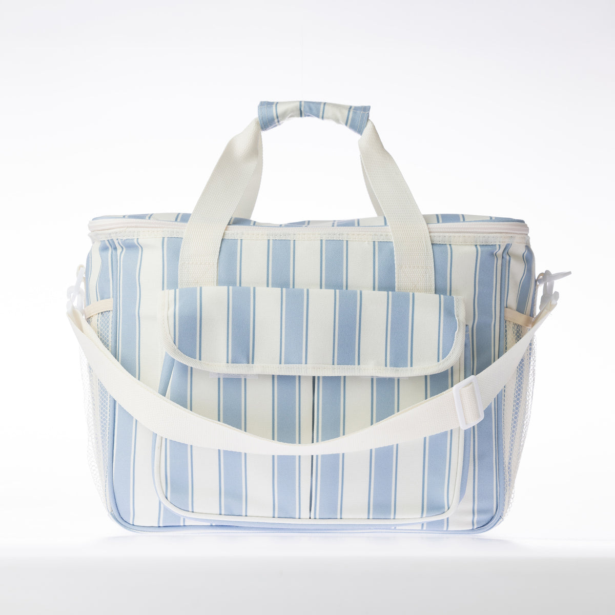 A striped print cooler bag on a white background.