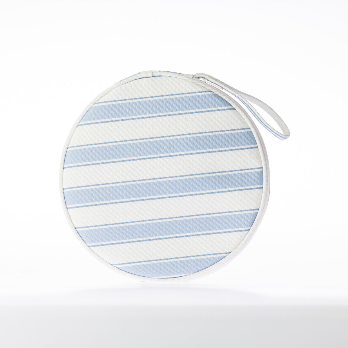 A round zippered picnic set pouch with a handle.