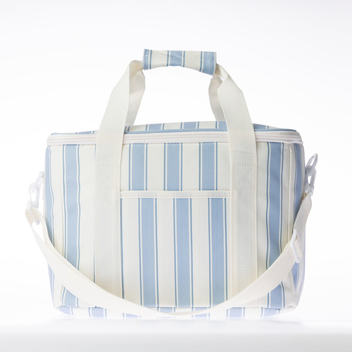 A stripe print lunch bag with a handles, shown on a clean white background.