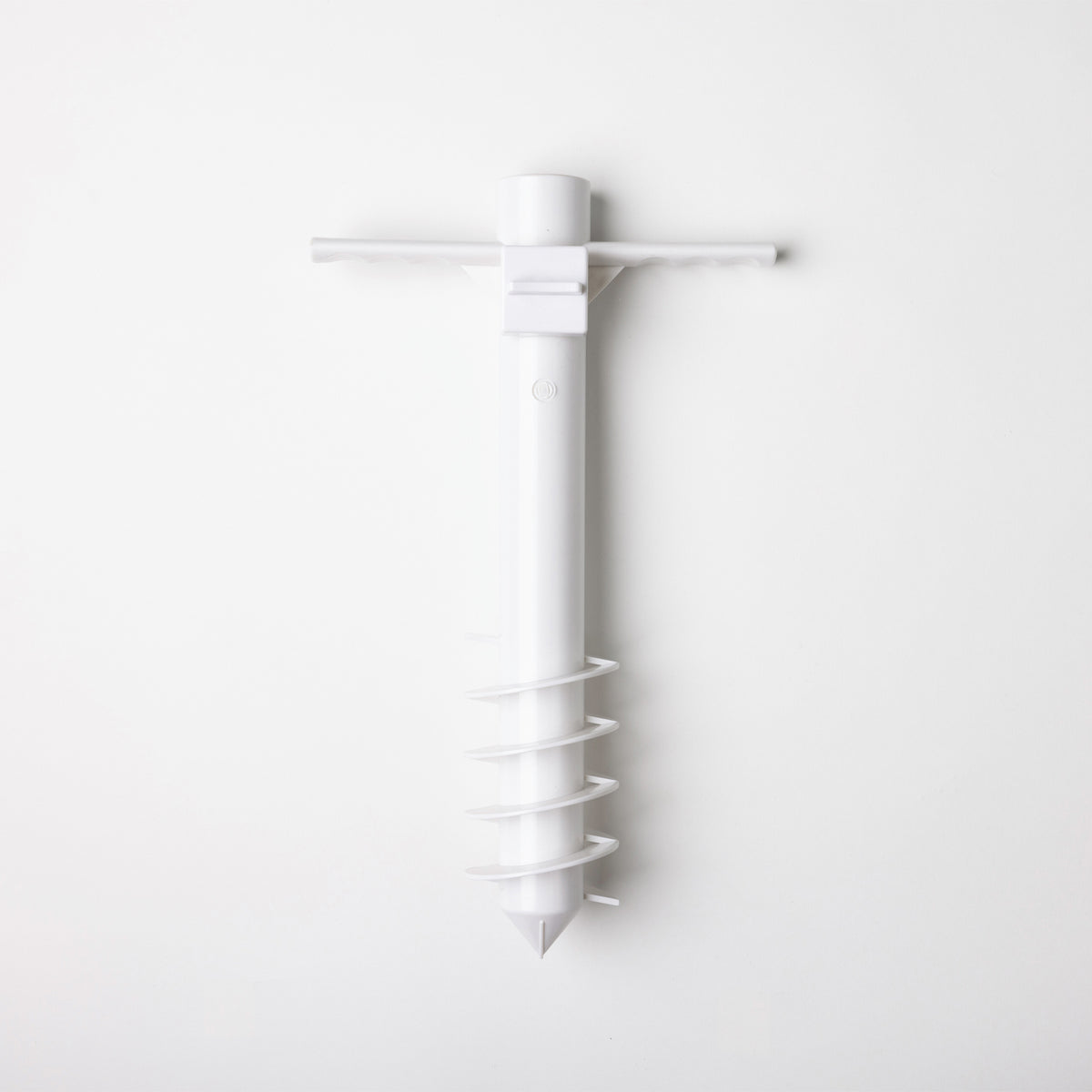 Seaside Supplies Twist Umbrella Stand in white, featuring a spiral screw base, pointed tip and T-shaped handle, displayed against a white background.