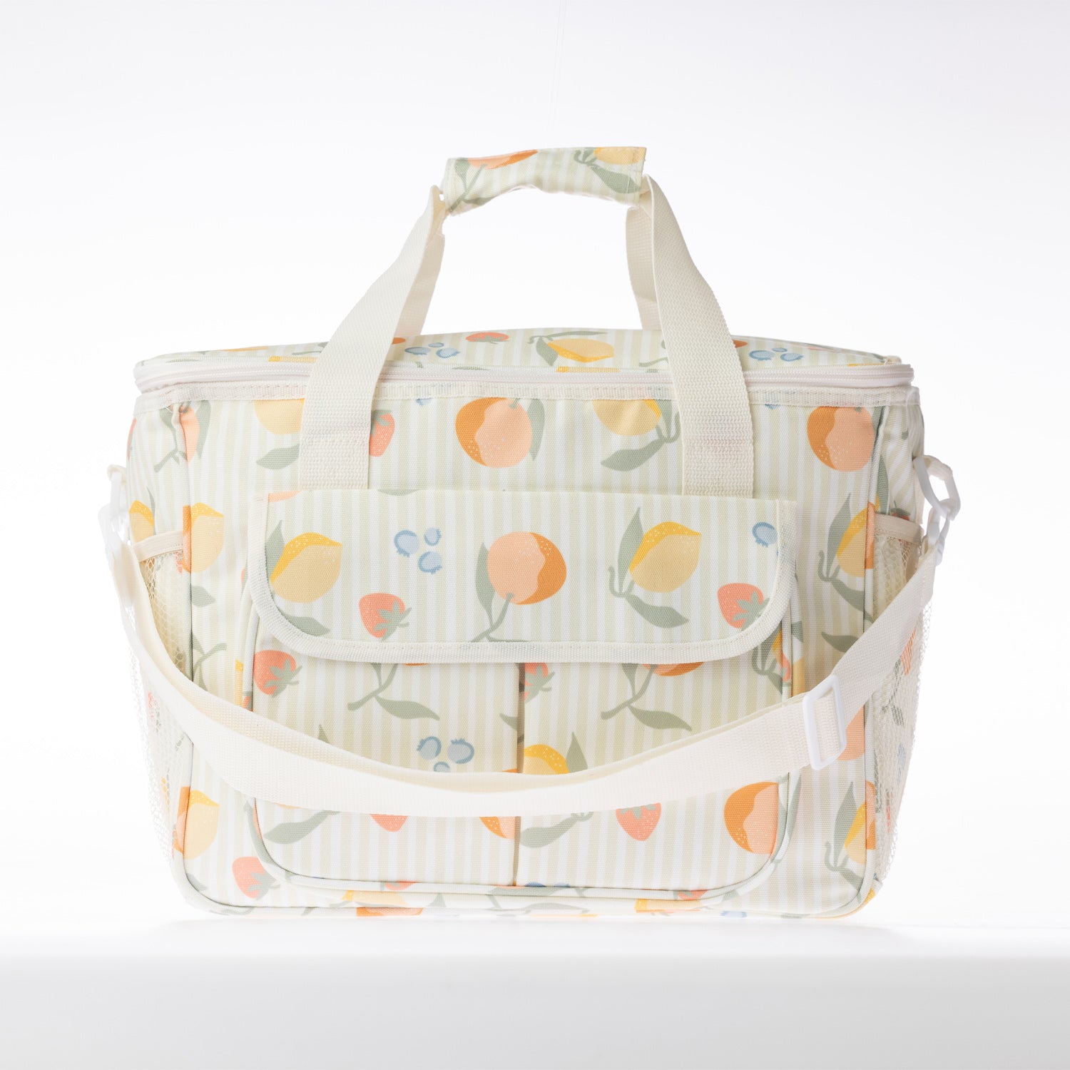 A fruit print cooler bag on a white background.