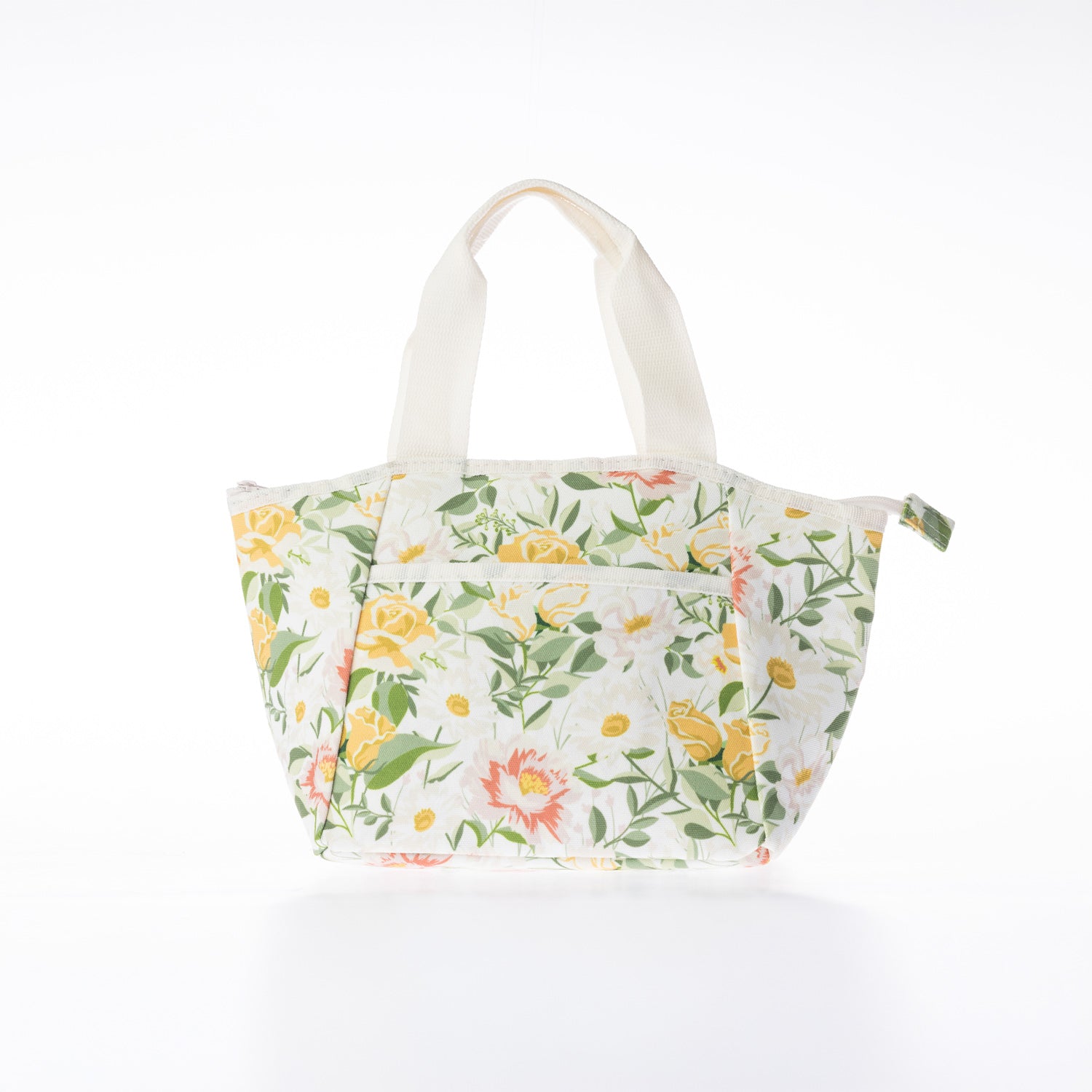 A floral printed cooler lunch bag, on a white background.