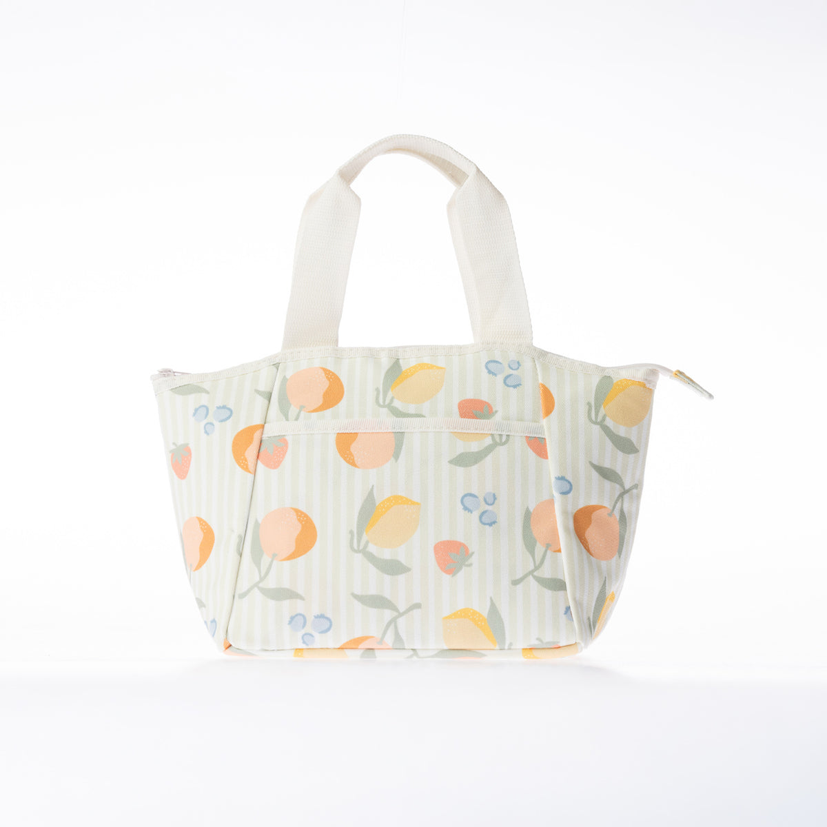 A fruit printed cooler lunch bag, on a white background.