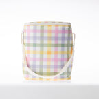 A check print cooler duffle bag with a white strap stands against a white background.