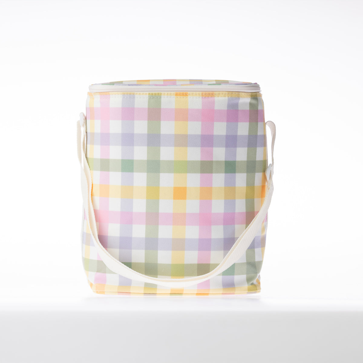 A check print cooler duffle bag with a white strap stands against a white background.
