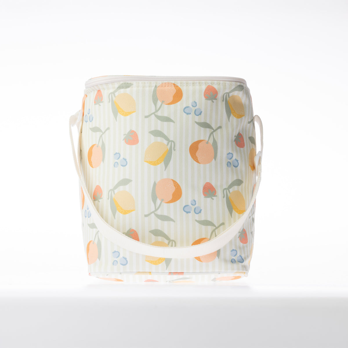 A fruit print cooler duffle bag with a white strap stands against a white background.