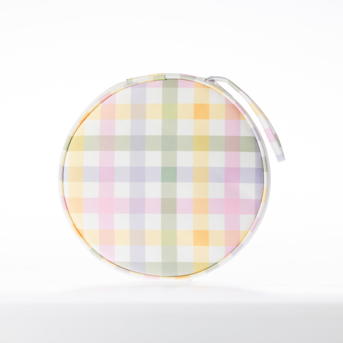 A round zippered picnic set pouch with a handle.